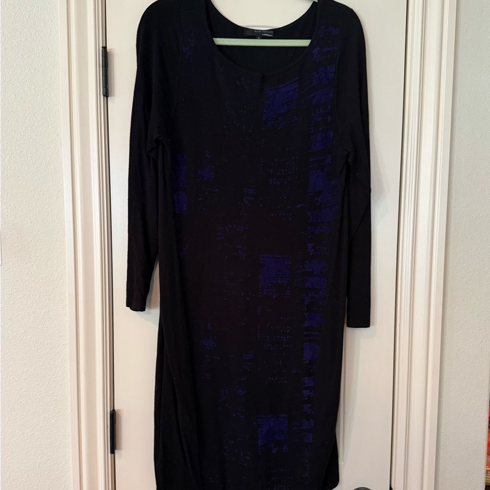 Elie Tahari Purple and Black Long Sleeve Sheath Dress